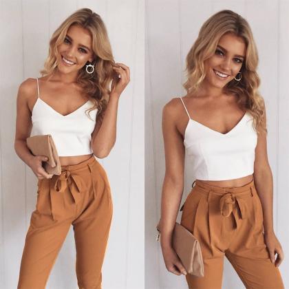 Sexy white v-neck blouse trousers t..
