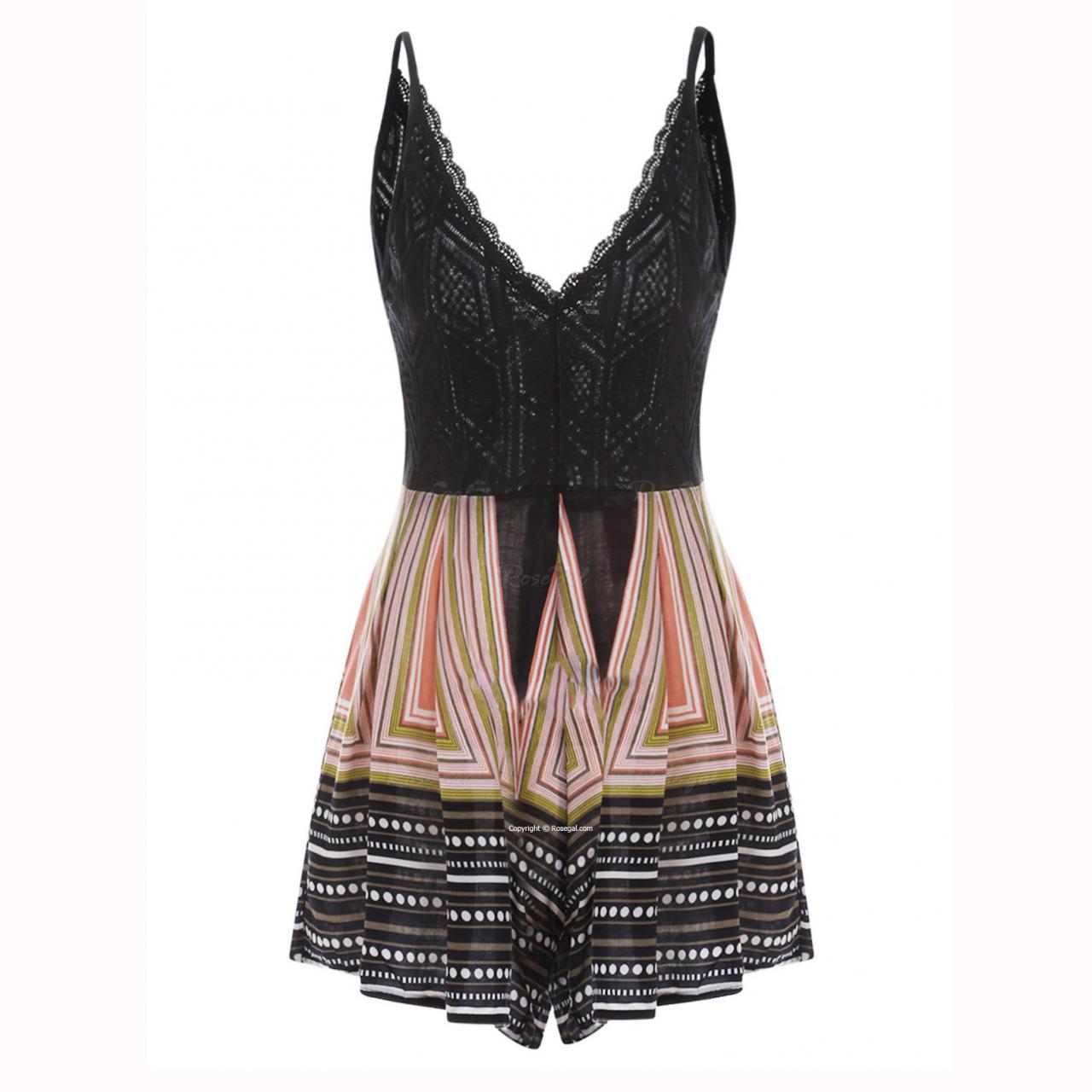 Women Striped Bow Suspenders Stitching Lace Slim Jumpsuit Women Clothing main image 1