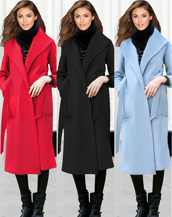 Woolen Cloth Coat Belt Single-breasted Pure Color Trench Coat on Luulla